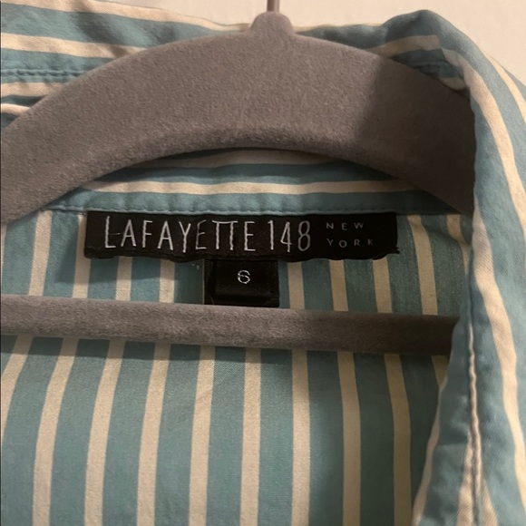 Lafayette 148 Robin’s Egg Blue Striped Button Down Shirt - Picture 2 of 6